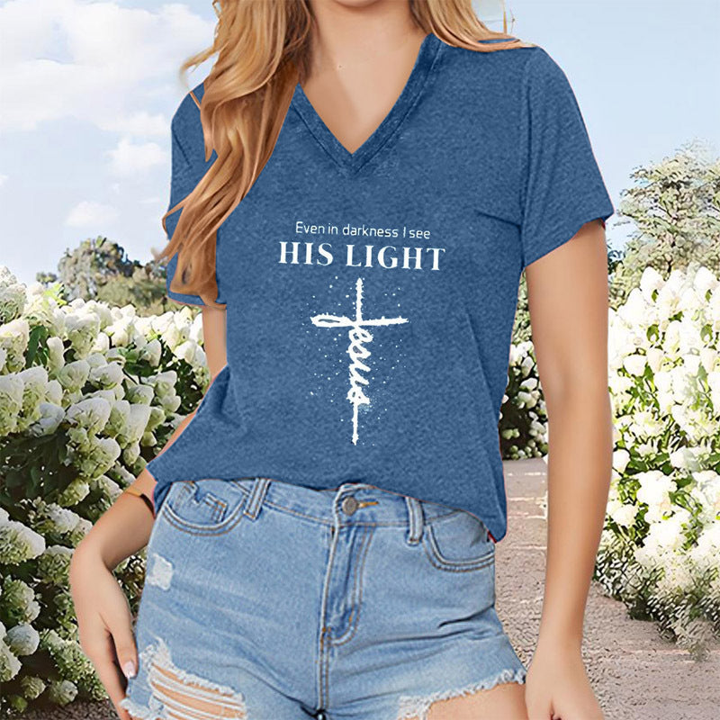 Women's V-Neck T-Shirt Geometric Cross Casual Summer Short Sleeve Top